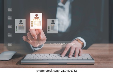 Human Resources HR management Recruitment Employment Headhunting Concept , Human Resources uses computers to search and select job applicantsThe process of selecting people to join the work of the HR. - Shutterstock ID 2114601752