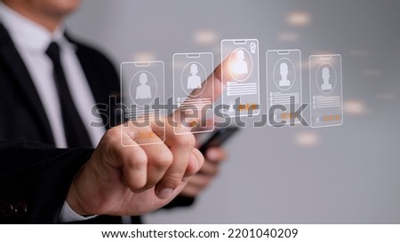 Human Resources HR management Recruitment Employment Headhunting Concept, Human Resources uses computers to search and select job applicants The process of selecting people to join the work of HR.