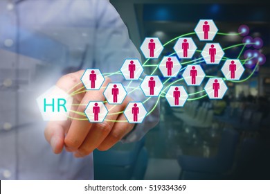 Human Resources Management Concept, Business Man Pressing HR Icon On Virtual Screen.