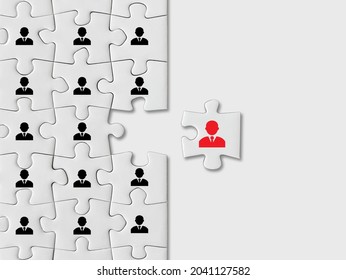 Human resources and management concept, puzzle pieces with business people icon on white background