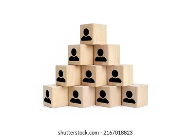 Human Resources, Management hierarchy pyramid with wooden cubes on white. Human resources, corporate hierarchy concept and multilevel marketing , recruiter complete team represented.