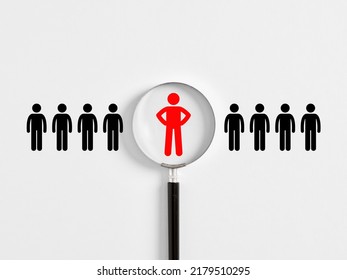 Human Resources Management, Job Recruitment Or Employee Search Concept. Magnifying Glass With Employee Icons On White Background.