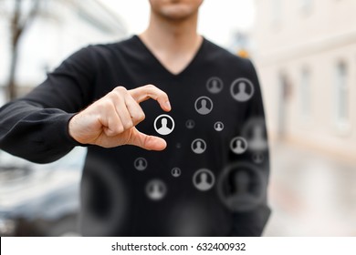 Human resources management and recruitment. Man chooses the right people. Flying icons - Shutterstock ID 632400932