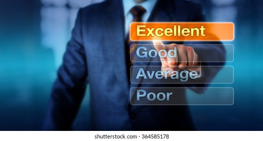 Human Resources manager is choosing Excellent atop four buttons, followed by Good, Average and Poor. Business metaphor for performance appraisal, self assessment and career development discussion.