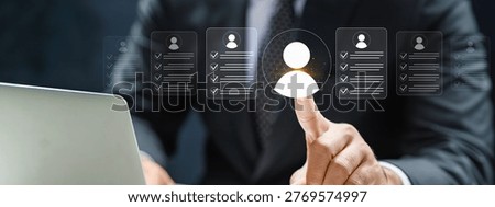 Human resources manager selecting the best candidate from a digital interface of resumes. Concept of recruitment, talent acquisition, and digital job search