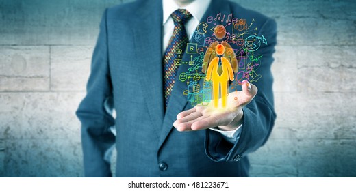 Human Resources Manager Is Showing A Candidate With Growth Potential In His Open Left Palm Of Hand. Concept For Personal Development, Professional Coaching, Talent Acquisition And Headhunting.