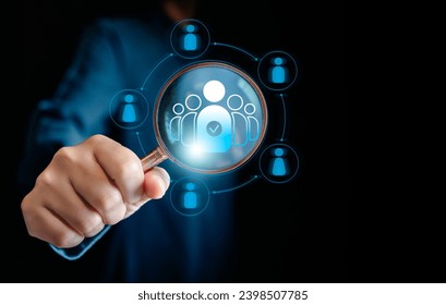 Human Resources Manager using magnifier glass finding with human icons, HRM, CRM, Recruitment Consultants and Human Resources Management Concepts, Headhunting Business, development teamwork leadership