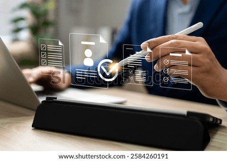 Human resources manager using stylus choose the right candidate recruitment process,Hiring,Team building strategy,Corporate recruitment process with CRM tools and Digital innovation in human resources