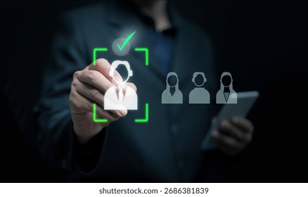 Human resources manager using virtual interface for candidate selection. Digital recruitment, hiring process, workforce analytics, talent acquisition technology in modern business.