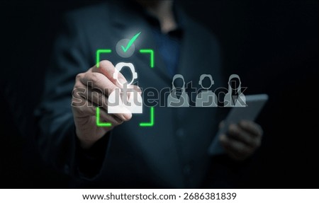Human resources manager using virtual interface for candidate selection. Digital recruitment, hiring process, workforce analytics, talent acquisition technology in modern business.