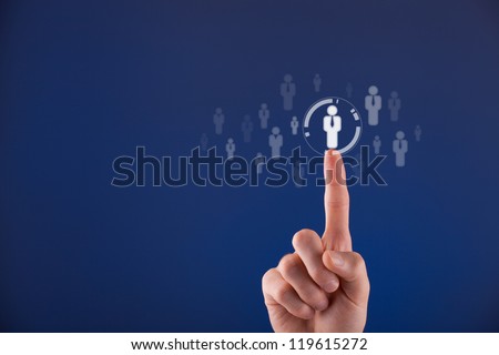 Human resources officer choose employee standing out of the crowd. Select team leader concept. Male hand click on man icon. Negative space in left side, blue background.