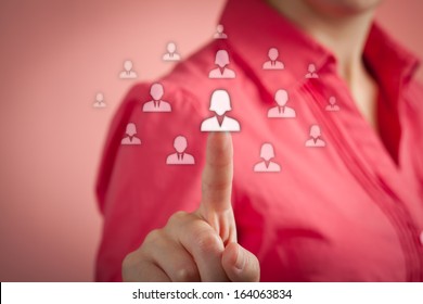 Human Resources Officer (HR) Choose Woman Employee Standing Out Of The Crowd. Positive Gender Discrimination, Selecting Female Team Leader Concept. 