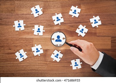 Human Resources As Peace Of Puzzle, Personal Audit And Assessment Center Concept - Recruiter Look For Employee Ideal For Team Represented By Icon.
