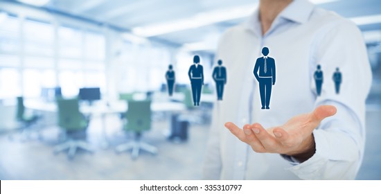 Human Resources Pool, Customer Care, Care For Employees, Labor Union, Employment Agency And Marketing Segmentation Concepts. Wide Banner Composition With Office In Background.