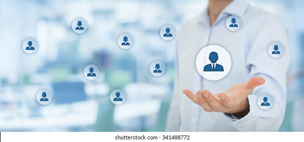 Human resources pool, customer care, care for employees, labor union, employment agency and marketing segmentation concepts. Wide banner composition with office in background.