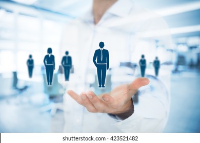 Human resources pool, customer care, care for employees, labor union, life insurance, employment agency and marketing segmentation concepts. Gesture of man and icons representing group of people.
