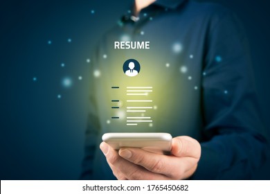Human Resources Recruiter Read Resume On Smart Phone. Recruiting And Searching Human Resources Concept.