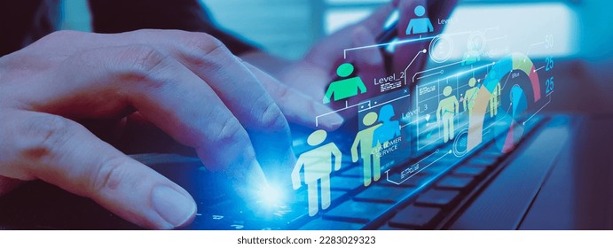 Human resources recruitment employment headhunting concept,with officer using smart tablet computer,via futuristic visual interface program technology choose employee,manage and strategy in corporate