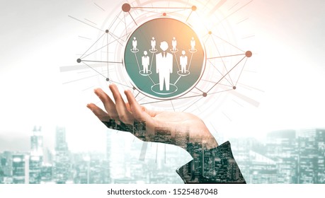 Human Resources Recruitment and People Networking Concept. Modern graphic interface showing professional employee hiring and headhunter seeking interview candidate for future manpower.