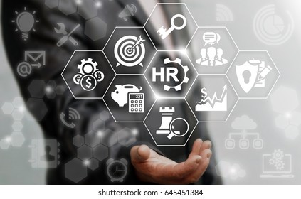 Human Resources Services Business Concept. Businessman Offers Hr Cogwheel Icon On Virtual Screen. Recruitment Service.