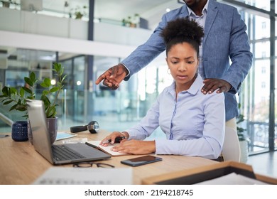 Human Resources, Sexual Harassment And Office Woman With Businessman, Manager Or Boss Inappropriate Behavior In Corporate. HR Company Employee Compliance, Policy And Scared And Uncomfortable Worker