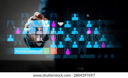 Human resources and talent management concept. Business professional selecting candidates through a digital workforce platform for recruitment, hiring and team. HR, recruitment, hiring, talent.	

