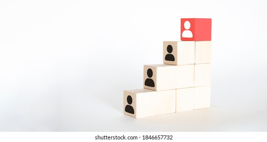 Human Resources And Talent Management And Recruitment Business Concept, Hand Putting Wood Cube Block On Top Staircase, Copy Space