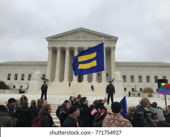 Human Rights Campaign Flag Being Waved At The Supreme Court Of The United States On December 5, 2017 In Support Of Gay Rights During The Cake Shop Religious Liberties/Gay Rights Case.