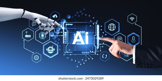 Human and robot fingers touching digital hologram with AI chip, diverse futuristic technologies icons. Artificial intelligence and virtual assistant. Concept of machine learning and cooperation