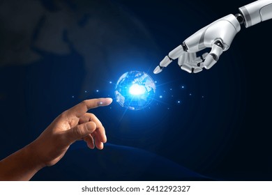 Human and robot hands pointing at the globe future technology concept