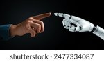 Human and robot hands reaching out to touch. Symbolizes human-AI interaction, futuristic cooperation. Technology and innovation concept. Cybernetic partnership.