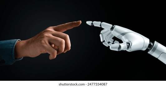 Human and robot hands reaching out to touch. Symbolizes human-AI interaction, futuristic cooperation. Technology and innovation concept. Cybernetic partnership. - Powered by Shutterstock