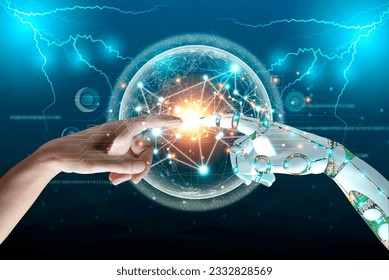 Human, Robot hands touch connect on binary code big data world network background. Smart AI Machine learning, Chatbot concept. Technology Artificial Intelligence for science, business, innovation