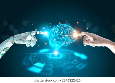 Human, Robot hands touch connect on Virtual brain, data network computer CPU background. Smart AI Machine learning, Chatbot concept. Technology Artificial Intelligence science, business, innovation