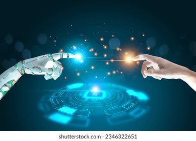 Human, Robot hands touch connect on binary code big data world network background. Smart AI Machine learning, Chatbot concept. Technology Artificial Intelligence for science, business, innovation