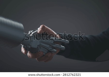 Human and robot handshake concept symbolizing artificial intelligence collaboration, future technology, automation, digital transformation, trust, innovation, and human machine partnership.