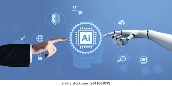 Human and robotic hands pointing at AI chip icon with blue digital interface background, symbolizing future business technology and automating processes