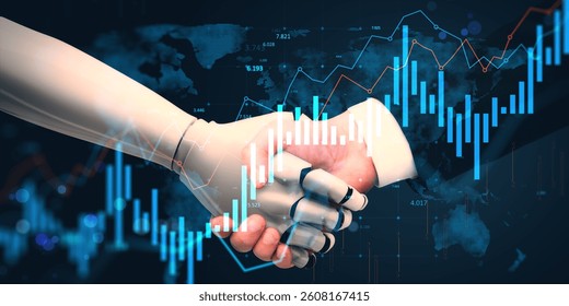 Human and robotic hands shaking with digital financial data graphics on dark world map background, concept of business and technology collaboration