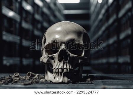 human scull on background of old datacenter