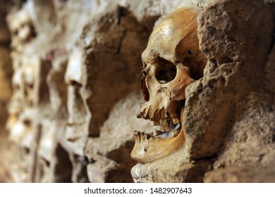 Human sculls embedded into walls of the Skull Tower (Cele Kula ) - built from the 3000 skulls of dead Serbian warriors after Uprising in 1809 in City of Nis, Serbia