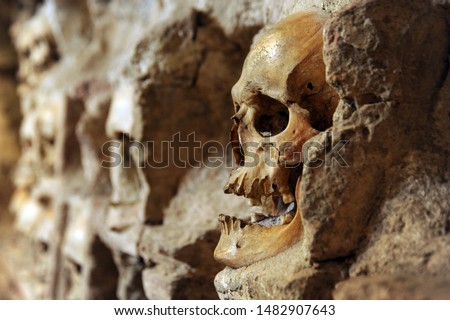 Human sculls embedded into walls of the Skull Tower (Cele Kula ) - built from the 3000 skulls of dead Serbian warriors after Uprising in 1809 in City of Nis, Serbia