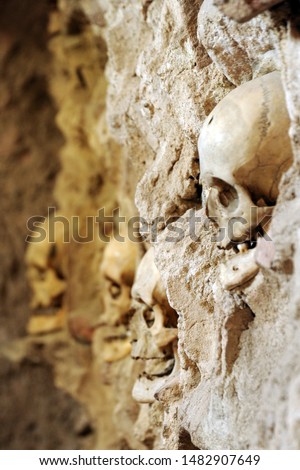 Human sculls embedded into walls of the Skull Tower (Cele Kula ) - built from the 3000 skulls of dead Serbian warriors after Uprising in 1809 in City of Nis, Serbia