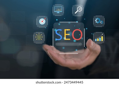 Human with Search engine optimization SEO networking concept, Searching browsing Internet data Information, Marketing, website, analysis, traffic ranking, optimization website	