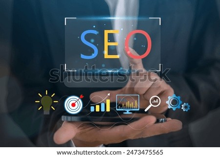 Human with Search engine optimization SEO networking concept, Searching browsing Internet data Information, Marketing, website, analysis, traffic ranking, optimization website	