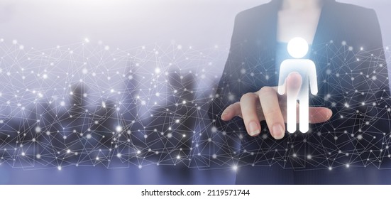 Human search.Leader and CEO. Hand touch digital screen hologram Human, Leader sign on city light blurred background. HR Human resources, peoples relation organisation structure