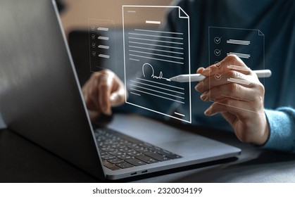 Human signing documents with pen, online business contract electronic signature, technology, e-signing, digital document management, paperless office, signing business contract concept - Powered by Shutterstock