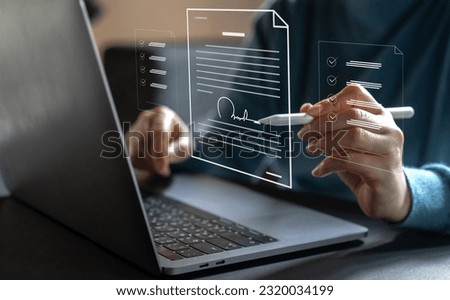 Human signing documents with pen, online business contract electronic signature, technology, e-signing, digital document management, paperless office, signing business contract concept