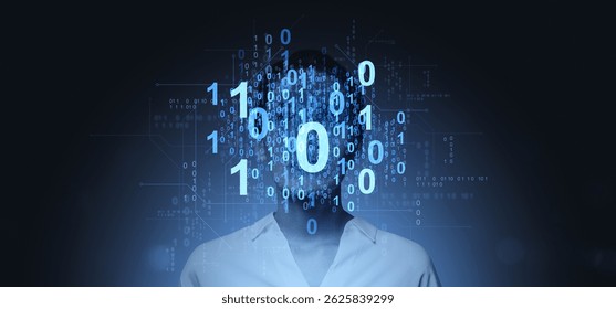 A human silhouette integrated with glowing binary code graphics, digital style, on a dark background, symbolizing artificial intelligence and virtual assistant