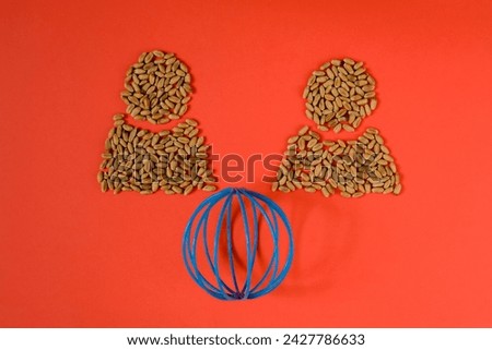 Human silhouettes made with grain. Blue, metal planet Earth model. Red background. Grain dispute. Export quotas. Grain crisis. Diplomatic failure. Global world crisis. Stock photo © 