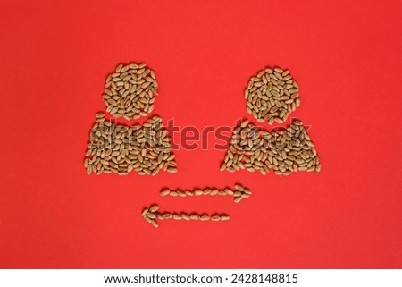Human silhouettes made with Ukrainian wheat. Two arrows pointing in opposite directions. Grain dispute. Export quotas. Grain crisis. Diplomatic failure. Global world crisis. Stock photo © 